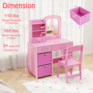 Kids Vanity Set with Lighted Mirror Makeup Desk and Chair Set with Drawers-Pink view 5