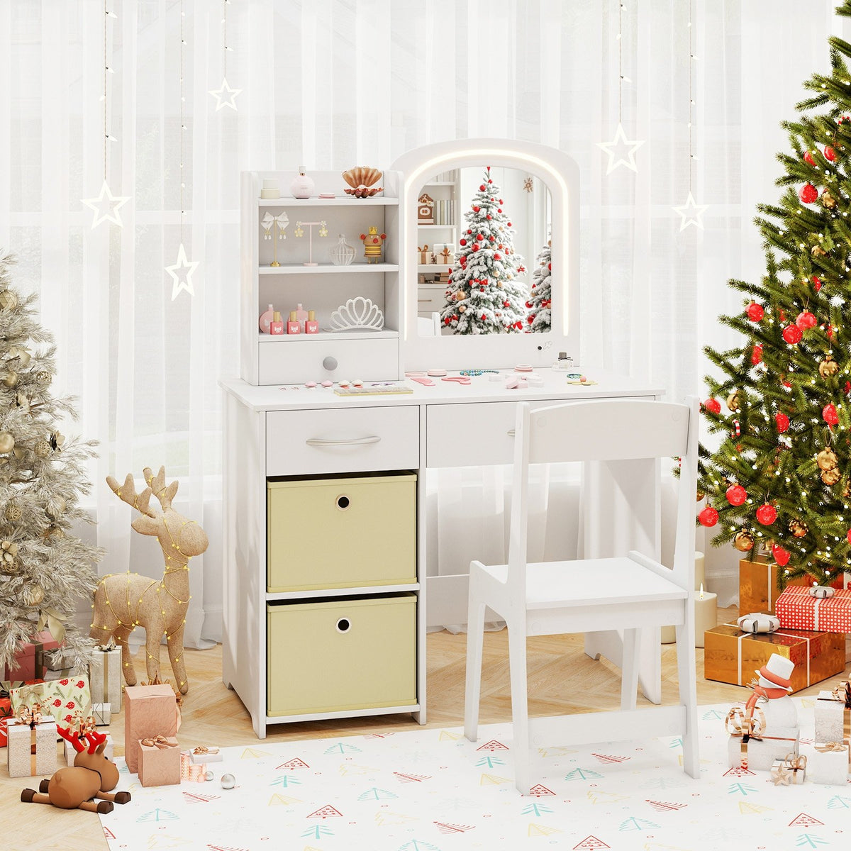 Kids Vanity Set with Lighted Mirror Makeup Desk and Chair Set with Drawers-White view 2