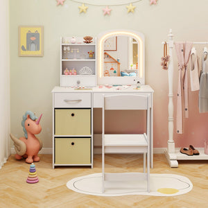 Kids Vanity Set with Lighted Mirror Makeup Desk and Chair Set with Drawers-White view 6