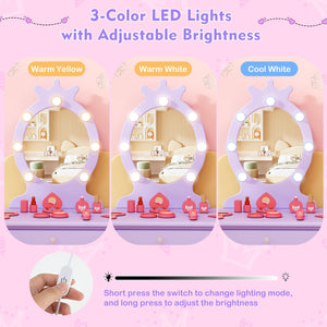 Kids Vanity Set with Lighted Mirror with Adjustable Brightness and Large Drawer-Purple view 6
