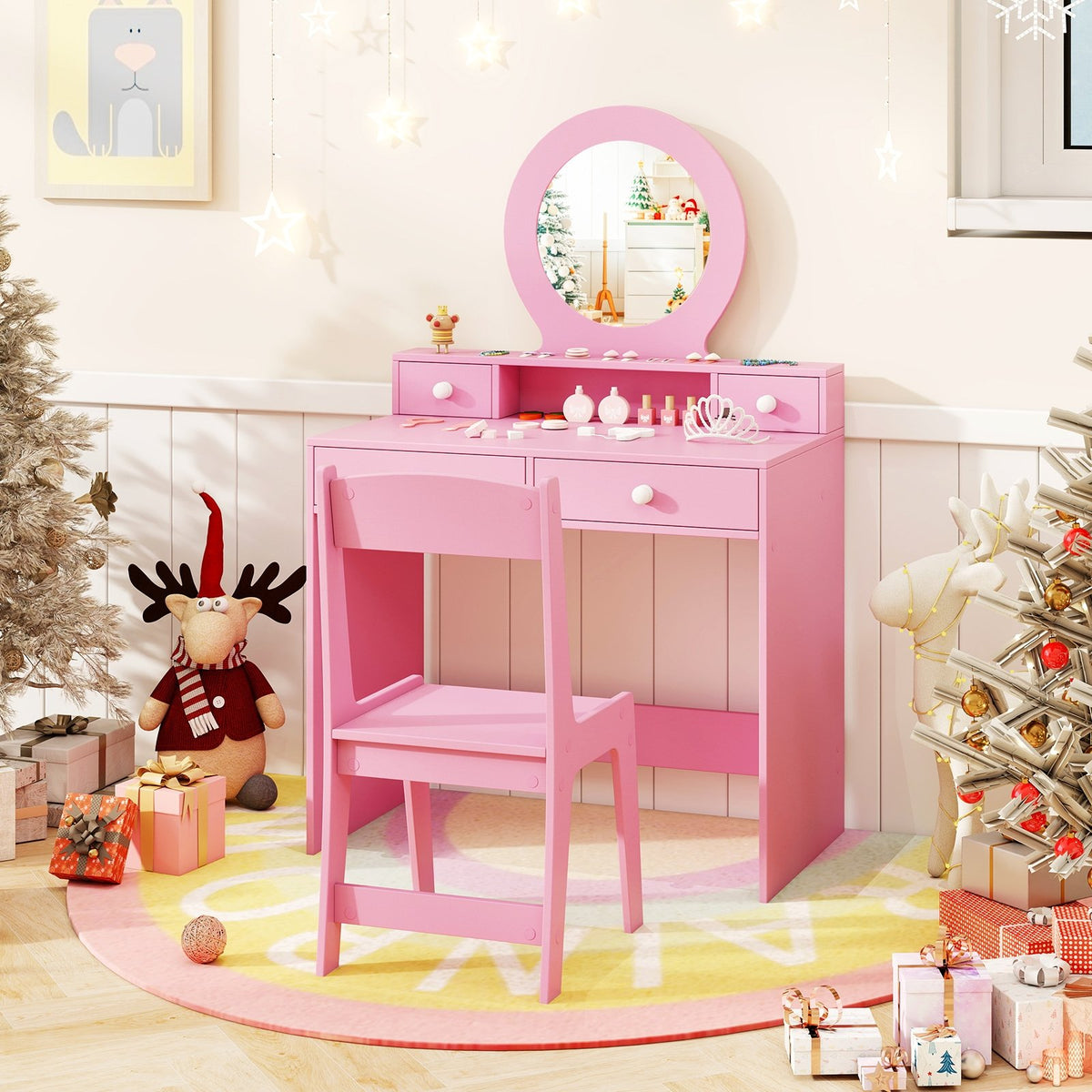Kids Vanity Set with Mirror Princess Makeup Dressing Desk and Chair Set with Mirror-Pink view 2