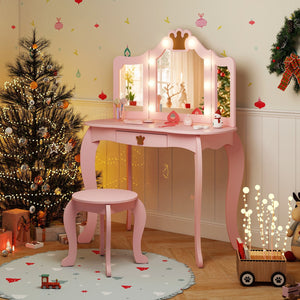 Kids Vanity Set with Tri-fold Lighted Mirror Detachable Top and Stool-Pink view 2
