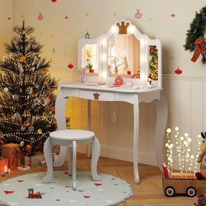 Kids Vanity Set with Tri-fold Lighted Mirror Detachable Top and Stool-White view 2