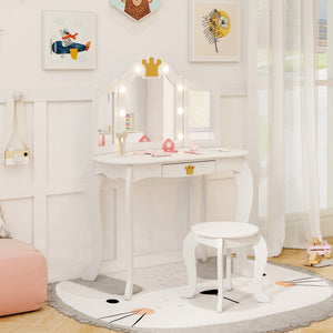 Kids Vanity Set with Tri-fold Lighted Mirror Detachable Top and Stool-White view 3
