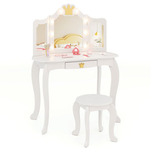 Kids Vanity Set with Tri-fold Lighted Mirror Detachable Top and Stool-White view 4