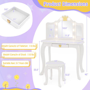 Kids Vanity Set with Tri-fold Lighted Mirror Detachable Top and Stool-White view 5