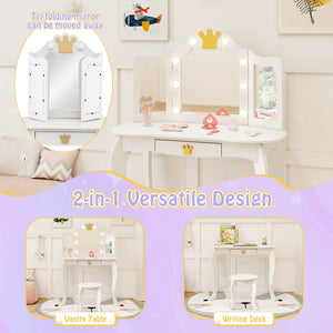 Kids Vanity Set with Tri-fold Lighted Mirror Detachable Top and Stool-White view 6