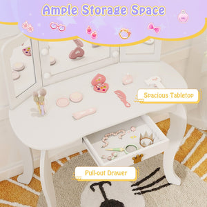 Kids Vanity Set with Tri-fold Lighted Mirror Detachable Top and Stool-White view 7