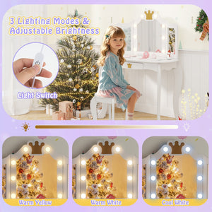 Kids Vanity Set with Tri-fold Lighted Mirror Detachable Top and Stool-White view 8