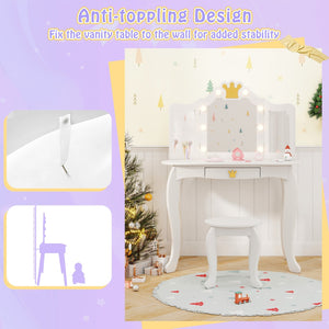 Kids Vanity Set with Tri-fold Lighted Mirror Detachable Top and Stool-White view 9