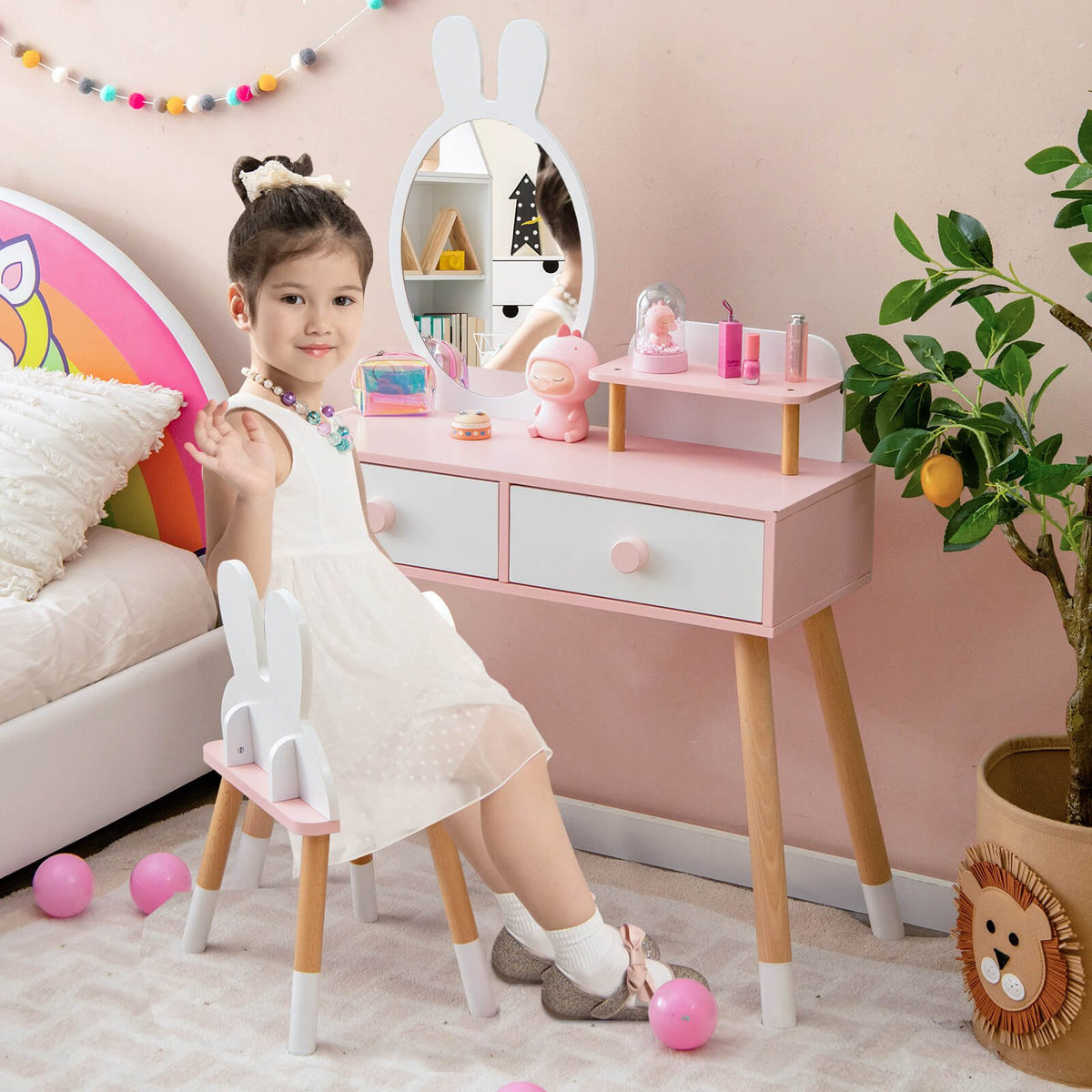 Kids Vanity Table and Chair Set with Drawer Shelf and Rabbit Mirror-White view 2