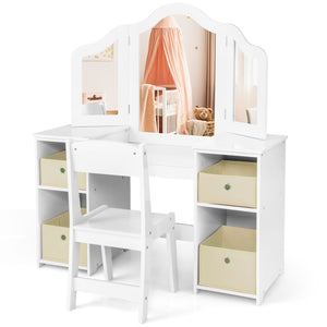 Kids Vanity Table and Chair Set with Removable Mirrors and 4 Storage Bins-White view 5