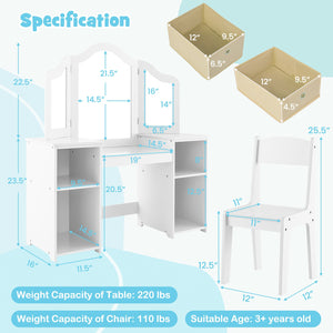 Kids Vanity Table and Chair Set with Removable Mirrors and 4 Storage Bins-White view 7