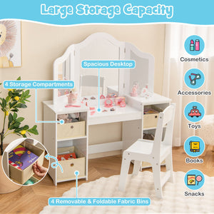 Kids Vanity Table and Chair Set with Removable Mirrors and 4 Storage Bins-White view 9