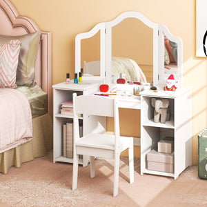 Kids Vanity Table and Chair Set with Removable Tri-Folding Mirror-White view 2