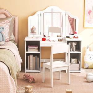 Kids Vanity Table and Chair Set with Removable Tri-Folding Mirror-White view 3