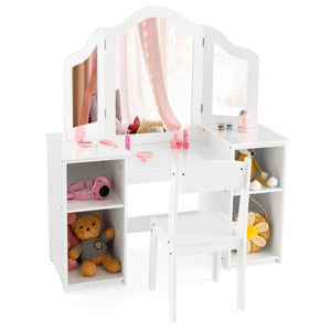 Kids Vanity Table and Chair Set with Removable Tri-Folding Mirror-White view 4