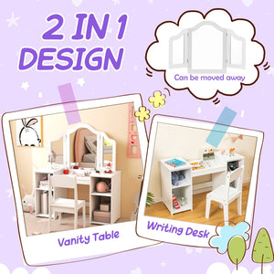 Kids Vanity Table and Chair Set with Removable Tri-Folding Mirror-White view 7