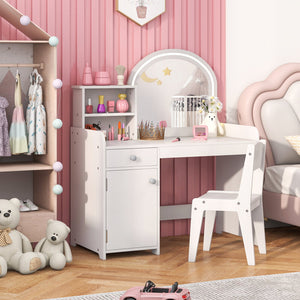Kids Vanity Table and Chair Set with Shelves Drawer and Cabinet-White view 2