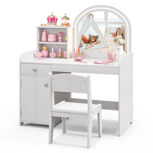 Kids Vanity Table and Chair Set with Shelves Drawer and Cabinet-White view 4