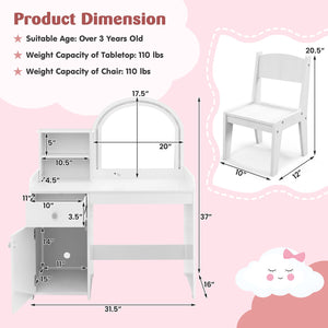 Kids Vanity Table and Chair Set with Shelves Drawer and Cabinet-White view 5