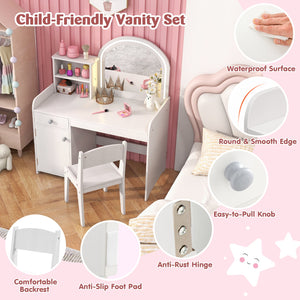 Kids Vanity Table and Chair Set with Shelves Drawer and Cabinet-White view 9