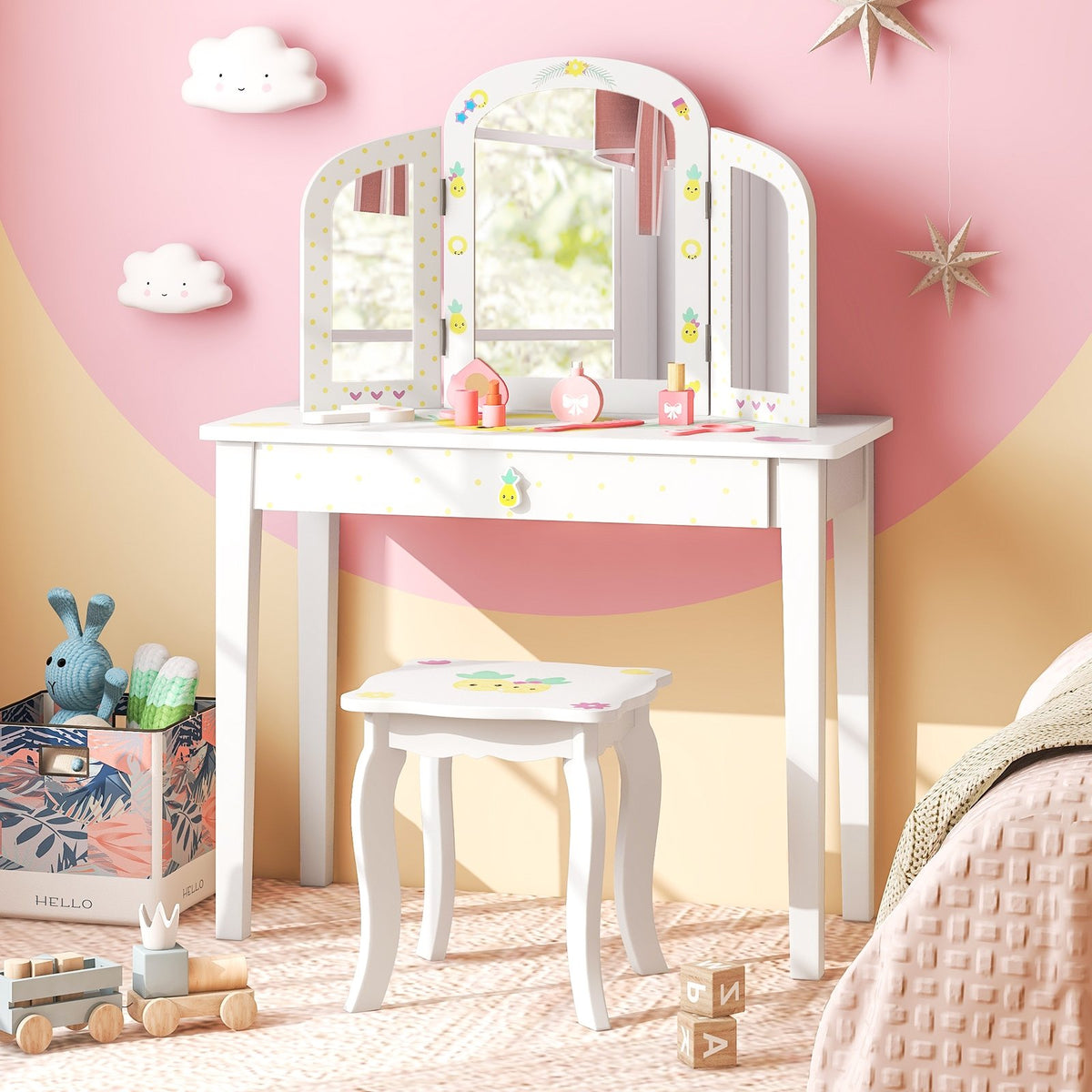 Kids Vanity Table Set with Tri-Folding Mirror and Large Drawer-White view 2