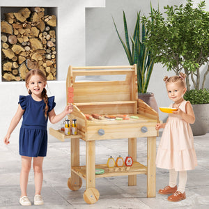 Kids Wooden Barbecue Grill Playset Pretend Kitchen with Food and Wheels-Natural view 2