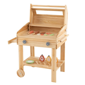Kids Wooden Barbecue Grill Playset Pretend Kitchen with Food and Wheels-Natural view 3