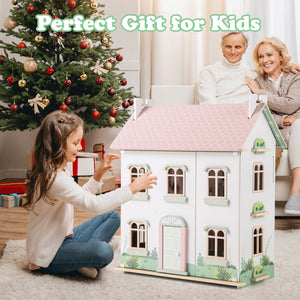 Kids Wooden Dollhouse 3 Level with Double-Sided Roofs and Doors-Pink view 3