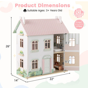 Kids Wooden Dollhouse 3 Level with Double-Sided Roofs and Doors-Pink view 5