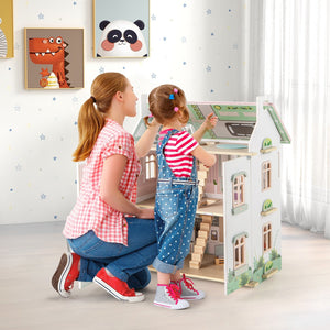 Kids Wooden Dollhouse 3 Level with Double-Sided Roofs and Doors-Pink view 6