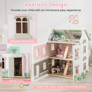 Kids Wooden Dollhouse 3 Level with Double-Sided Roofs and Doors-Pink view 7