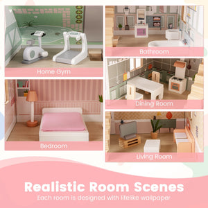 Kids Wooden Dollhouse 3 Level with Double-Sided Roofs and Doors-Pink view 8