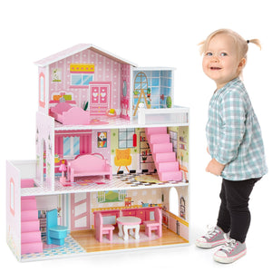 Kids Wooden Dollhouse Playset with 5 Simulated Rooms and 10 Pieces of Furniture-Pink view 4