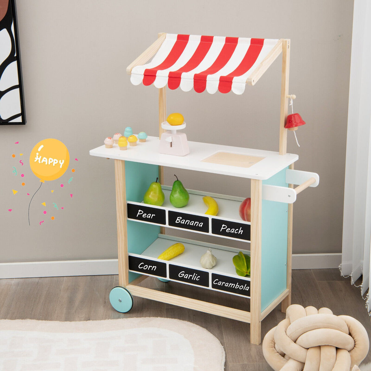 Kids Wooden Ice Cream Cart with Chalkboard and Storage view 2