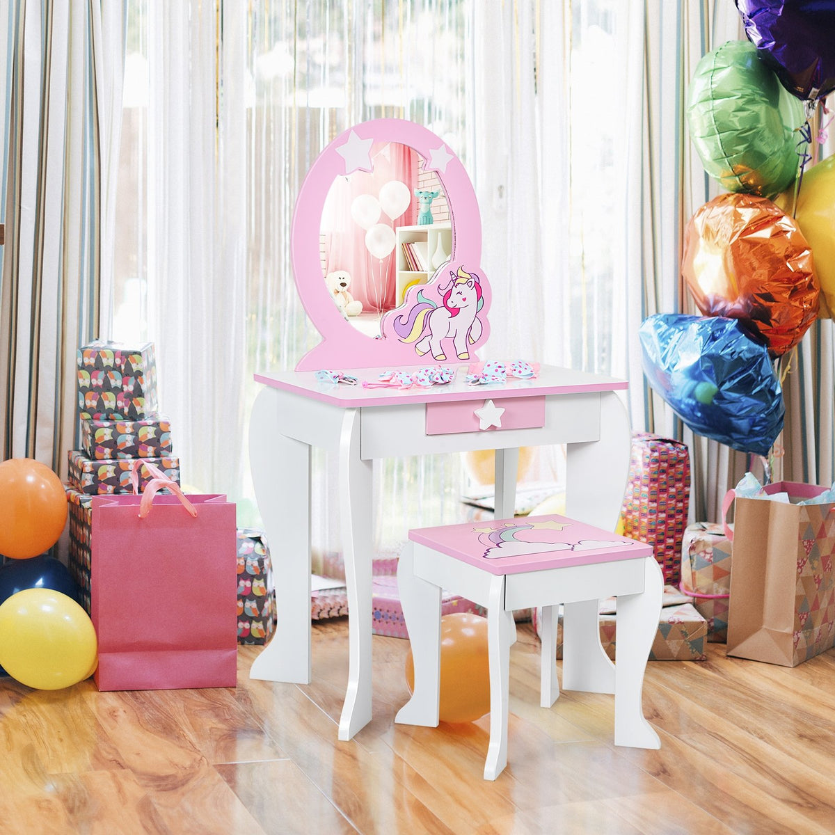 Kids Wooden Makeup Dressing Table and Chair Set with Mirror and Drawer-White view 2
