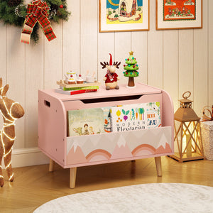 Kids Wooden Toy Box with Front Bookshelf and 4 Solid Wood Legs for Playroom-Pink view 3