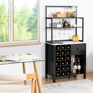 Kitchen Bakers Rack Freestanding Wine Rack Table with Glass Holder and Drawer-Black view 2