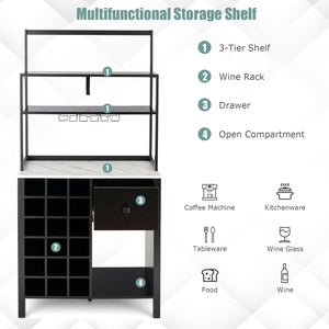 Kitchen Bakers Rack Freestanding Wine Rack Table with Glass Holder and Drawer-Black view 5