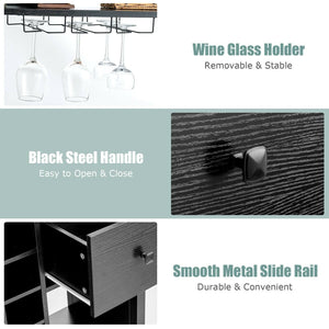 Kitchen Bakers Rack Freestanding Wine Rack Table with Glass Holder and Drawer-Black view 8