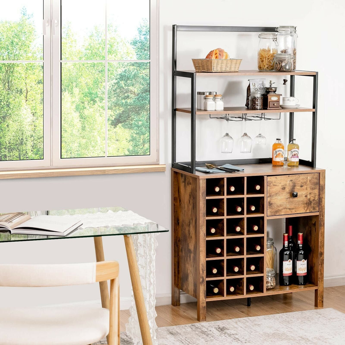 Kitchen Bakers Rack Freestanding Wine Rack Table with Glass Holder and Drawer-Rustic Brown view 2