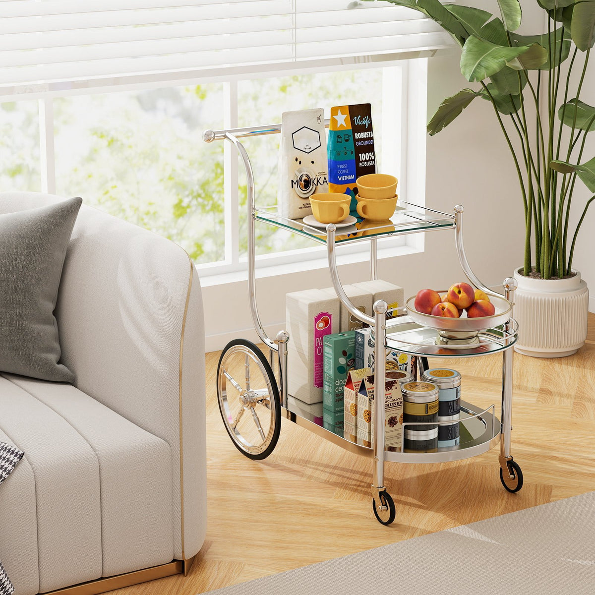 Kitchen Rolling Bar Cart with Tempered Glass Suitable for Restaurant and Hotel view 2