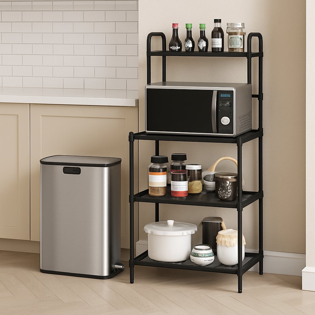 Kitchen Organization with 4-Tier Kitchen Microwave Storage Rack and Trash Can view 2