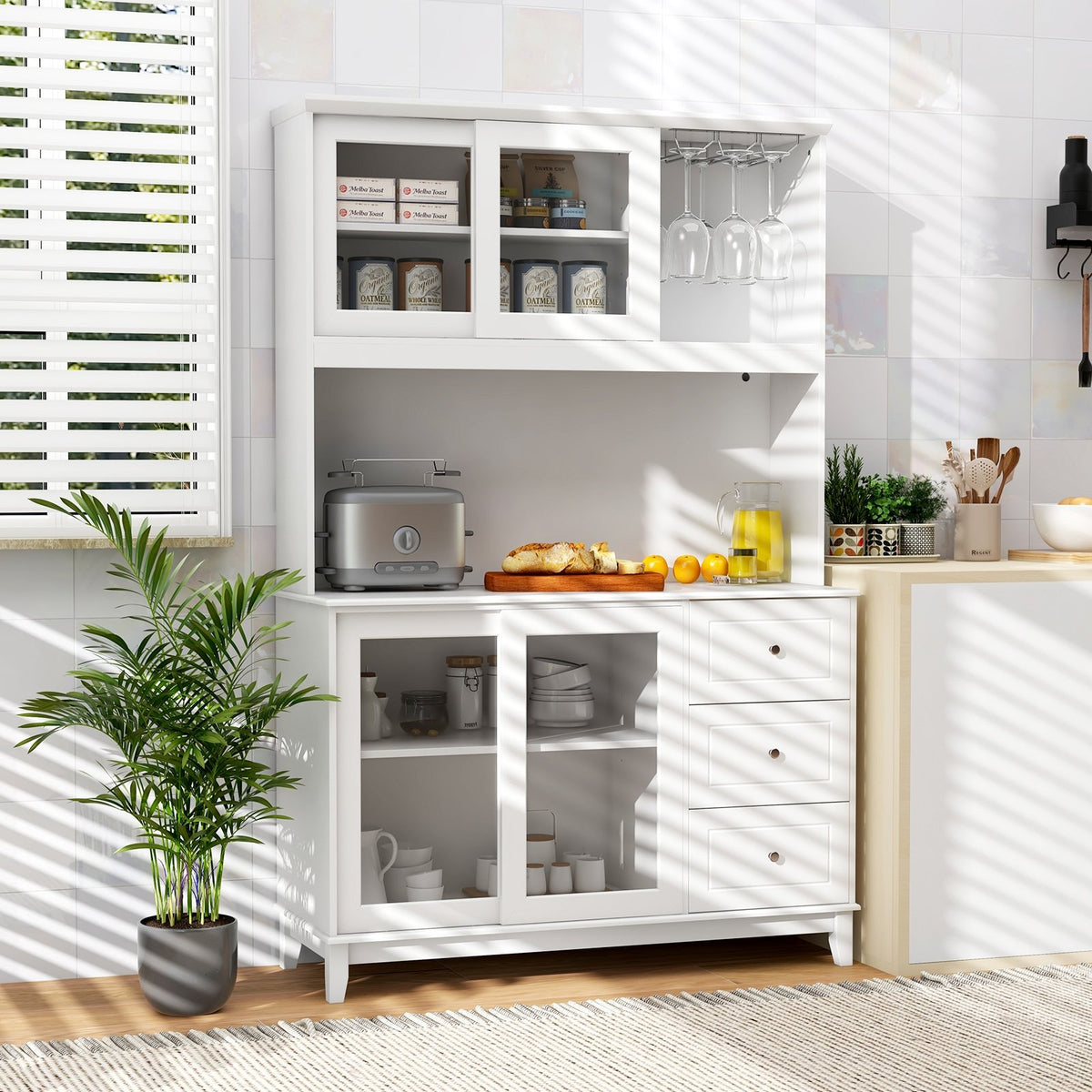 Kitchen Pantry Storage Cabinet Kitchen Hutch with LED lights and Power Outlet-White view 2