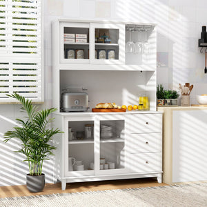 Kitchen Pantry Storage Cabinet Kitchen Hutch with LED lights and Power Outlet-White view 2