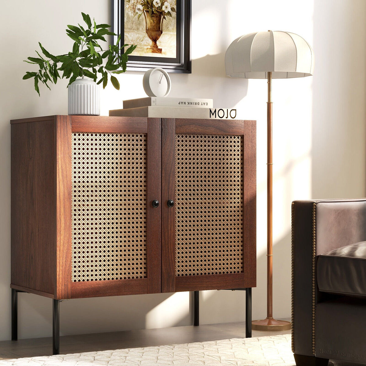 Kitchen Sideboard with 2 Rattan Doors and Adjustable Shelf-Walnut view 2