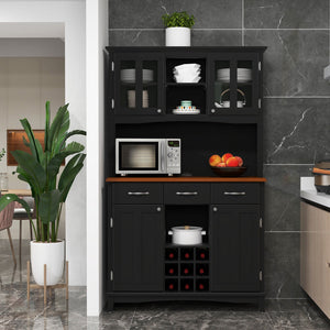 Kitchen Storage Cabinet Cupboard with Wine Rack and Drawers-Black view 2