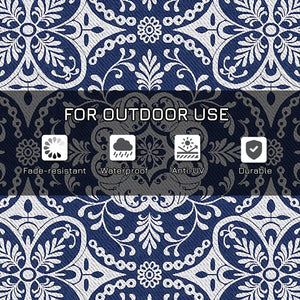 Portable Outdoor Rug with Carry Bag, 9' x 18' Reversible Mat, Waterproof Plastic Straw RV Rug for Backyard, Deck, Picnic, Beach, Camping, Blue & White Flower