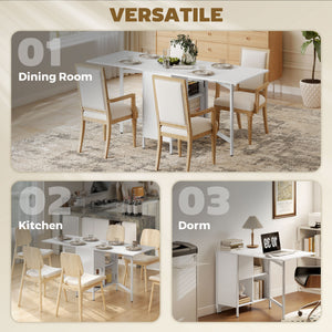 Multi-use Foldable Table with Hideaway Shelves, Drop Leaf Table for Kitchen, Dining, Study and Office, White